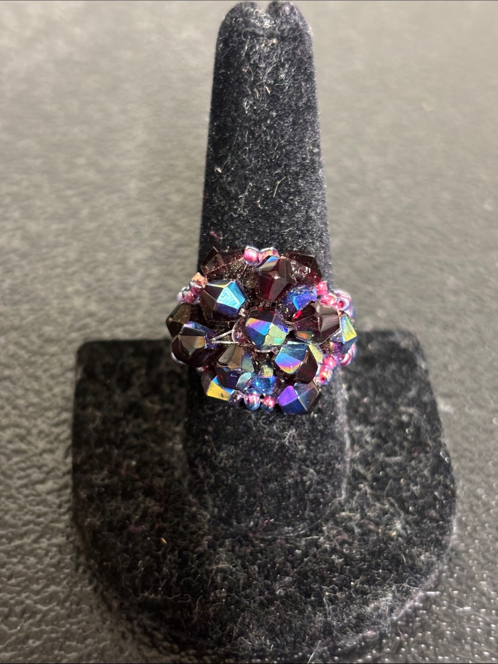 Handcrafted Iridescent Black and Pink Cluster Bead Stretch Ring